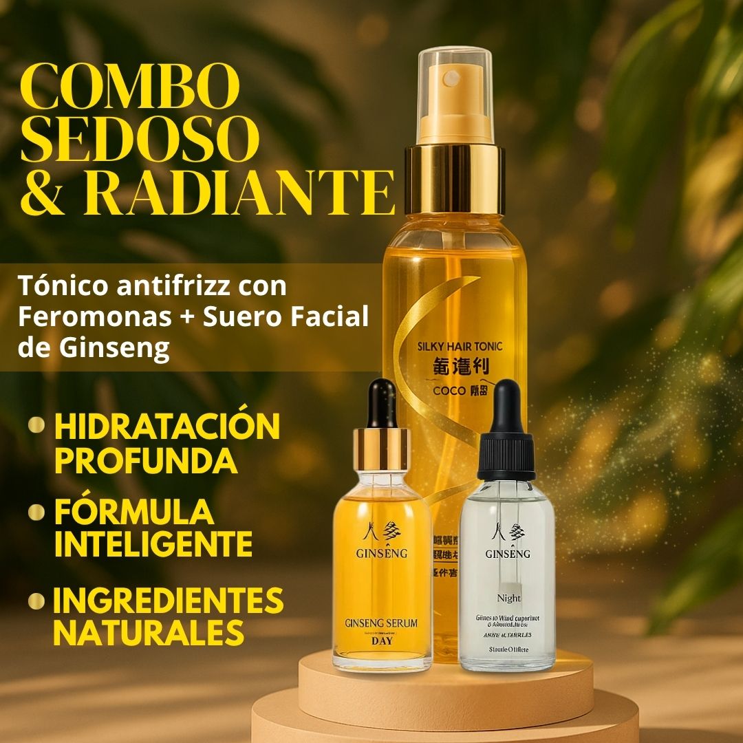 Combo Sedoso & Radiante: Tónico anti frizz con Feromonas + Suero Facial de Ginseng✨