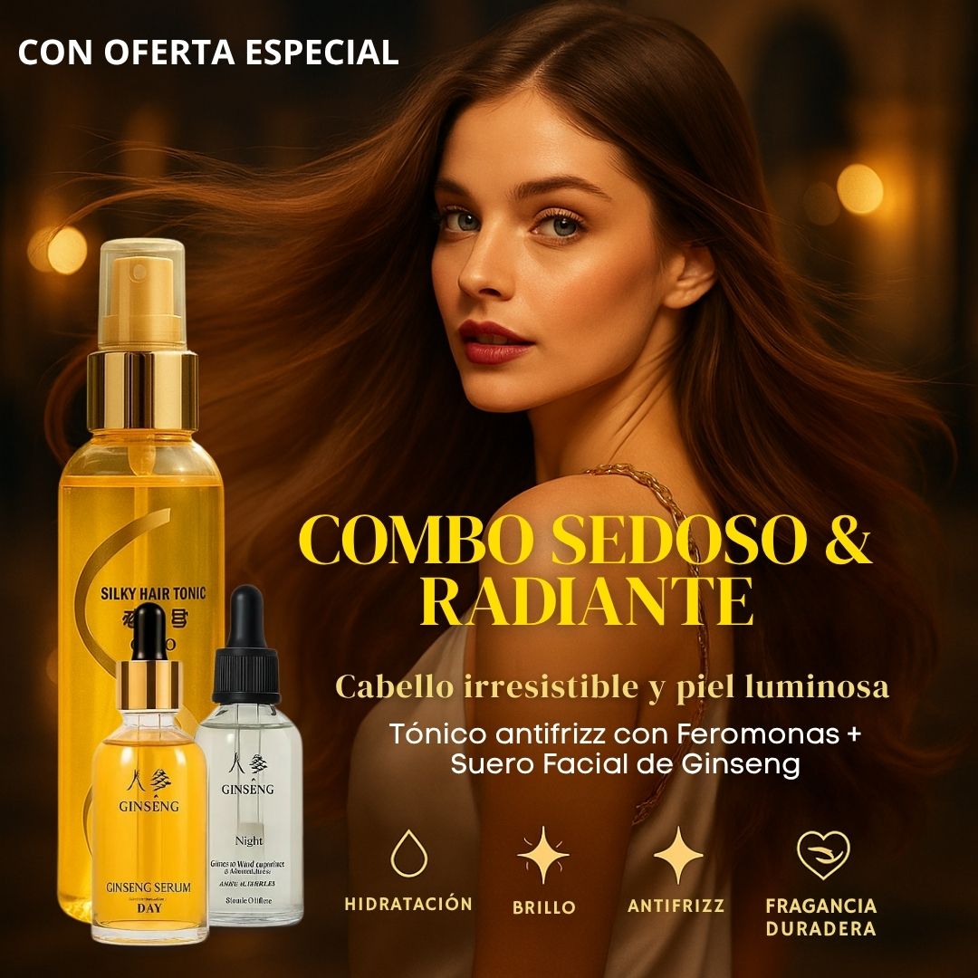 Combo Sedoso & Radiante: Tónico anti frizz con Feromonas + Suero Facial de Ginseng✨