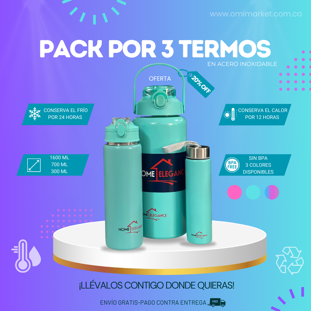 Pack por 3 termos en acero inoxidable: Mantén tus bebidas en la temperatura perfecta! 🥤🧊