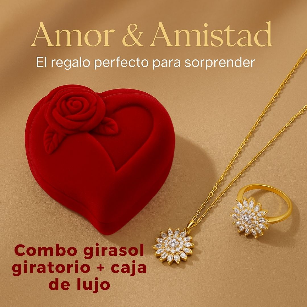 Amor que florece 🎁: Combo collar + anillo girasol giratorio (caja de lujo)