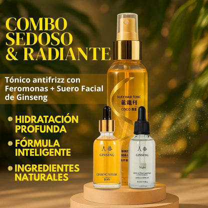 Combo Sedoso & Radiante: Tónico anti frizz con Feromonas + Suero Facial de Ginseng✨