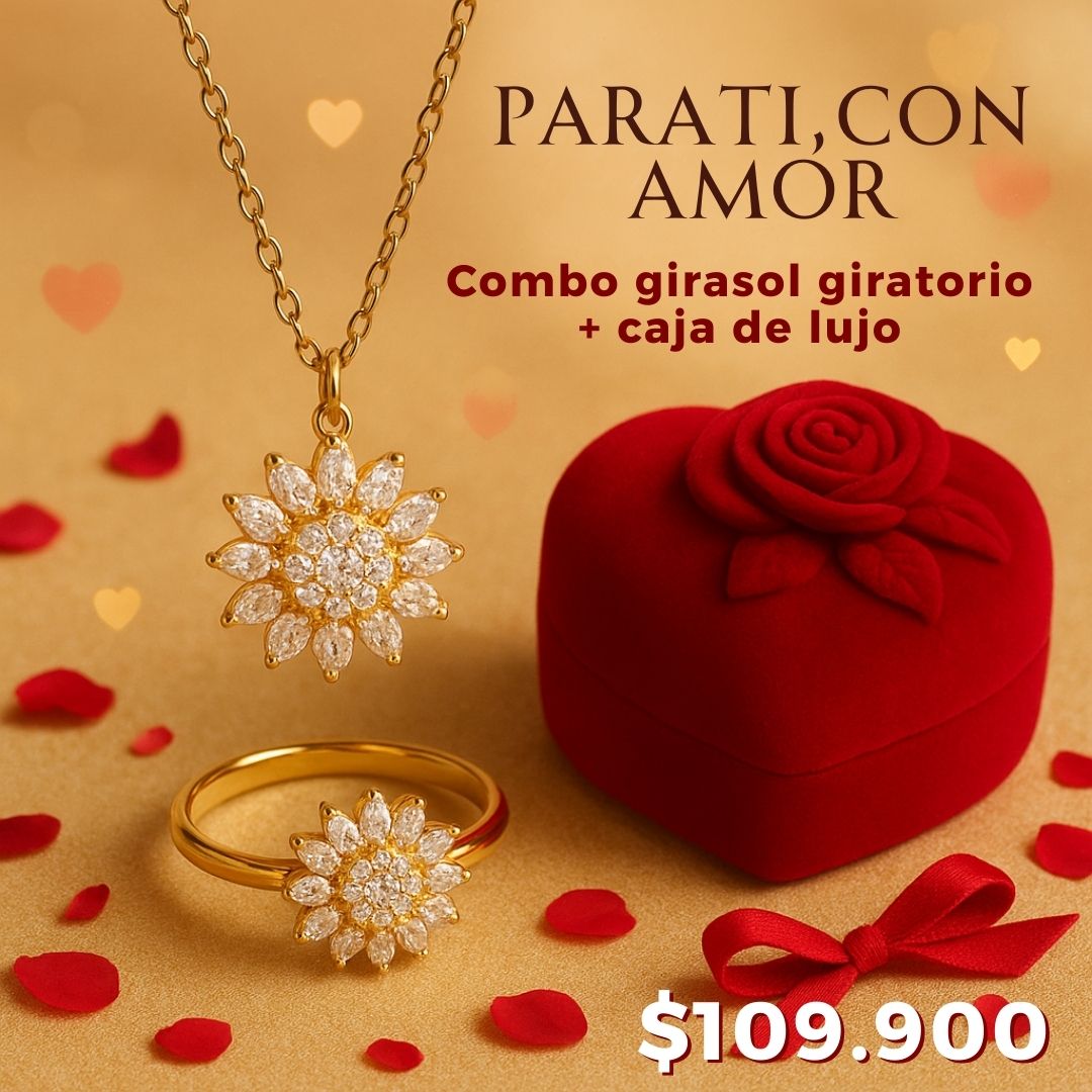 Amor que florece 🎁: Combo collar + anillo girasol giratorio (caja de lujo)