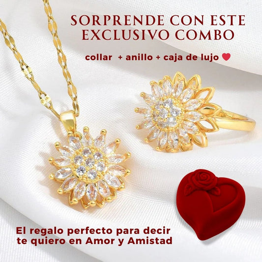Amor que florece 🎁: Combo collar + anillo girasol giratorio (caja de lujo)