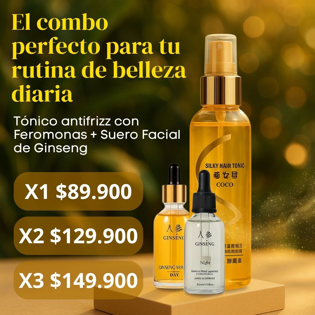 Combo Sedoso & Radiante: Tónico anti frizz con Feromonas + Suero Facial de Ginseng✨