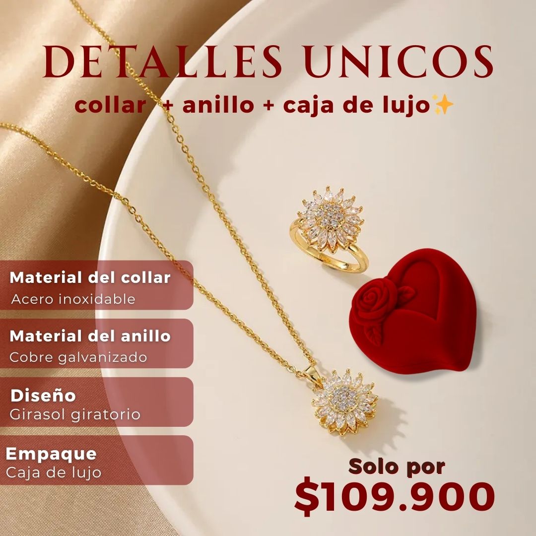 Amor que florece 🎁: Combo collar + anillo girasol giratorio (caja de lujo)