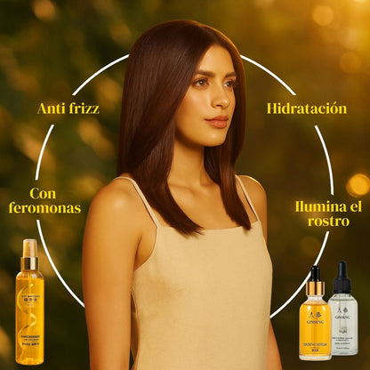 Combo Sedoso & Radiante: Tónico anti frizz con Feromonas + Suero Facial de Ginseng✨