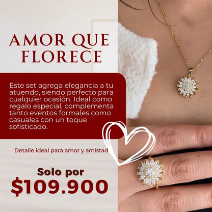 Amor que florece 🎁: Combo collar + anillo girasol giratorio (caja de lujo)
